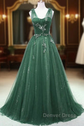 A-Line Green Sweetheart Beaded Tulle Prom Dresses, Green Tulle Long Evening Dresses